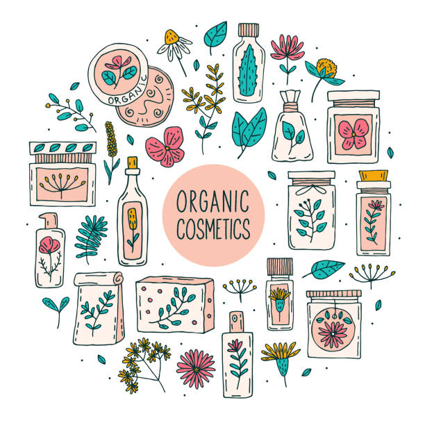 illustrazioni stock, clip art, cartoni animati e icone di tendenza di cosmetici biologici naturali con clipart vettoriale doodle delle piante - natural products illustrations