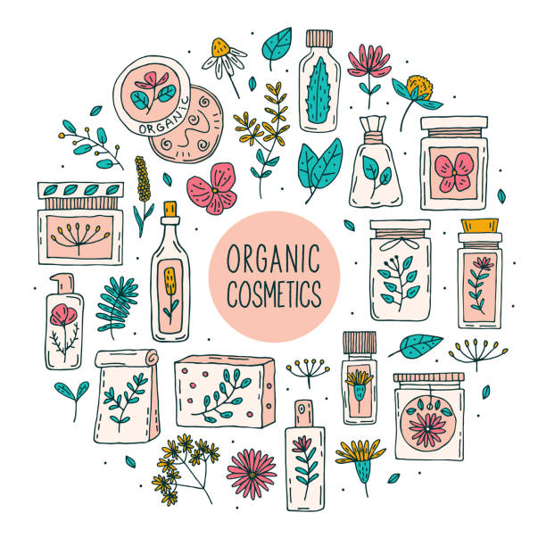 naturalne kosmetyki organiczne z roślinami doodle wektor clipart - natural products illustrations stock illustrations
