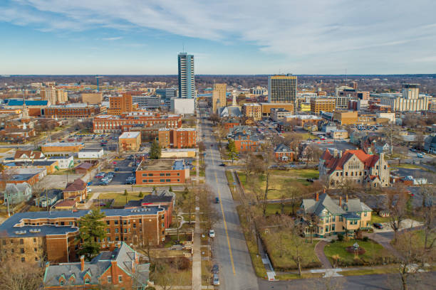South Bend Downtown Aerial View 6 Aerial View of Downtown South Bend looking East. south bend stock pictures, royalty-free photos & images