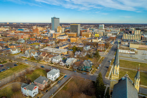 South Bend Downtown Aerial View 2 Aerial View of Downtown South Bend looking East and slightly North. south bend stock pictures, royalty-free photos & images