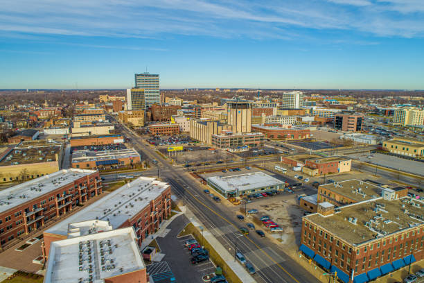 South Bend Downtown Aerial View 1 Aerial View of Downtown South Bend looking North and East. south bend stock pictures, royalty-free photos & images