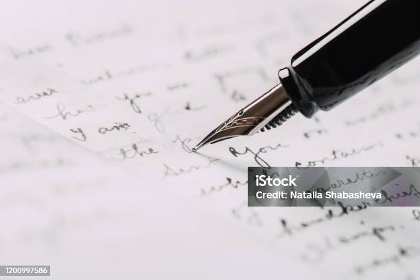 Fountain Pen On Paper With Ink Text Closeup Stock Photo - Download Image Now - Handwriting, Letter - Document, Text