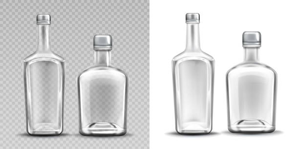 illustrations, cliparts, dessins animés et icônes de deux bouteilles en verre vides pour l'alcool, le whisky - tequila spiritueux