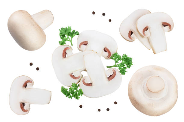 istock Fresh mushrooms and slices isolated on white background . Top view. Flat lay. 1200997956