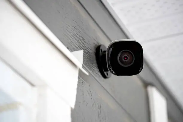 Photo of Black cctv outside building, home security system