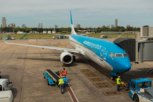 Buenos Aires, Argentina - January 6, 2020:  Embraer EMB E90 Jet plane at Buenos Aires airport