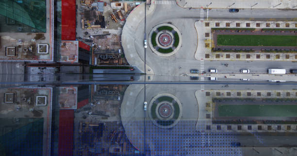 istock Architecture mirror image reflection cool abstract of construction and round road Chicago 1200999135