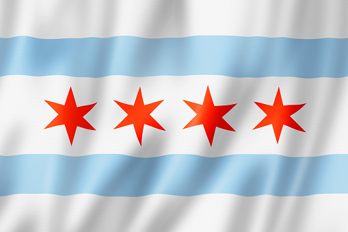 Chicago city flag, Illinois. United states waving banner collection. 3D illustration