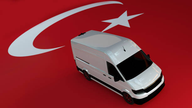 turkey logistics concept. white delivery van on turkey flag background. 3d rendering - truck semi truck white delivery van imagens e fotografias de stock