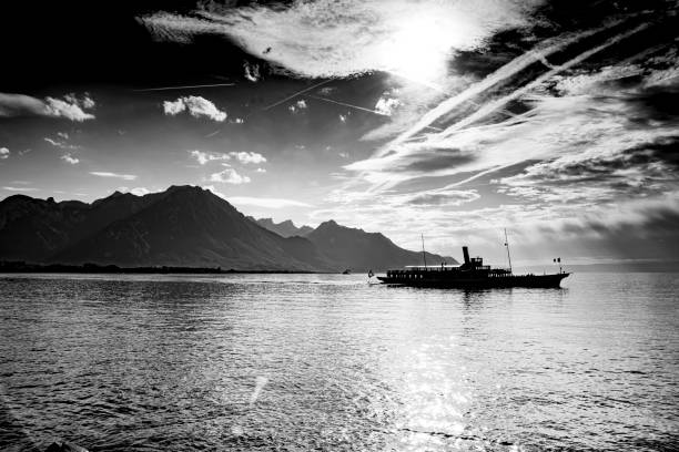 Ferry on Lake Geneva, Switzerland.  This is a steamer offering tours of Lake Geneva stopping at jetties at various points on the lake.
