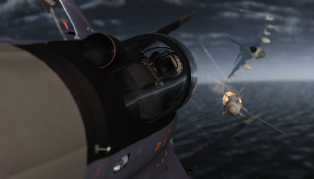 istock Air combat between jet fighters missle is ver close to camera stunning view 3d render 1201001959