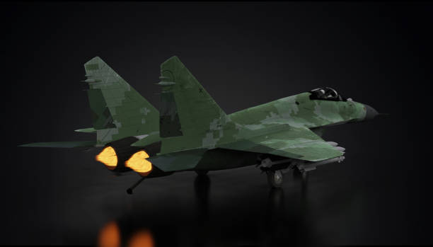 istock Mig-29 mikoyan  russian soviet fighter jet airplane in dark unknown location engine running 3d render 1201001961
