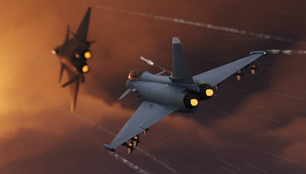 Eurofighter jet fighter chasing and firing to chinese stealth jet aircraft 3d render stock photo