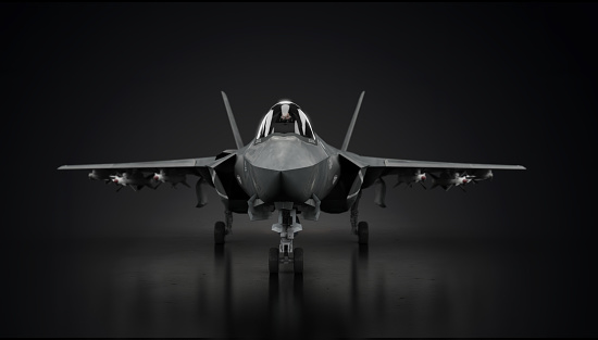 F-22 aircraft fighter jet in undisclosed location in hangar facing front 3d render