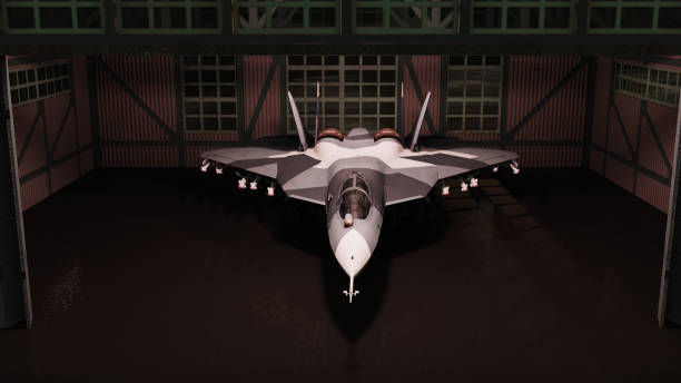 istock Russian jet su-57 waiting in hangar 3d render 1201001992