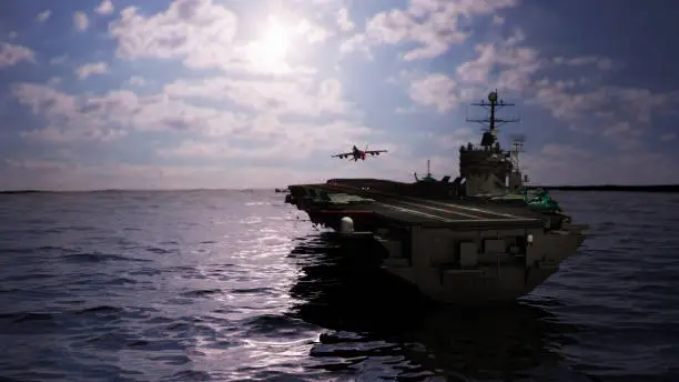 Photo of Aircraft carrier military ship in ocean 3d render