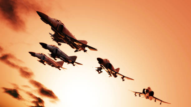 istock Early morning flying f-4 jets in flypast formation 3d render 1201001995