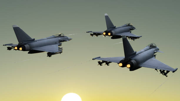 Eurofighter jets flying together in v formation 3d render stock photo