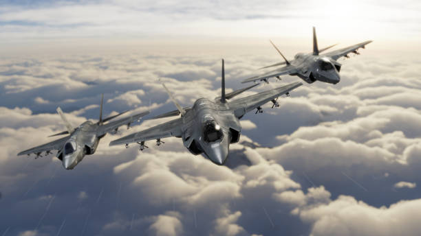 tres aviones de combate f-35 volando sobre nubes en formación de víctimas 3d render - jet fotografías e imágenes de stock
