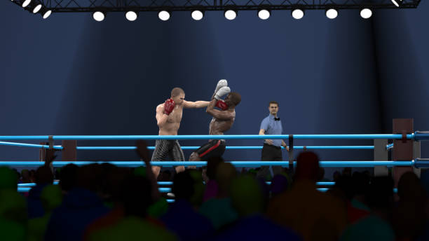 Two professional boxers trade powerful punches in a fierce and captivating match that tests their strength, skill, and determination.