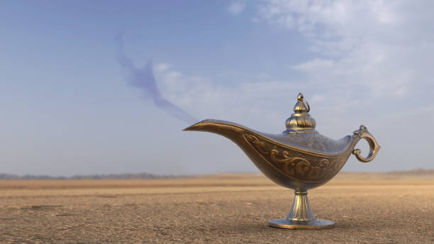 istock Abracadabra magical genie in a lamp with blue smoke 3d render 1201002255