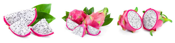istock Ripe Dragon fruit, Pitaya or Pitahaya isolated on white background, fruit healthy concept. Set or collection 1201002352