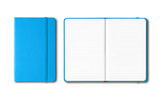 istock Cyan blue closed and open lined notebooks isolated on white 1201003402