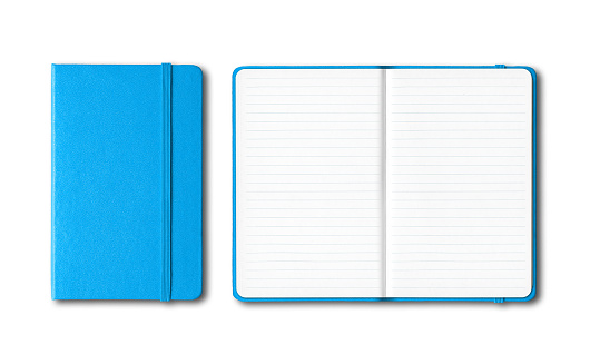 Cyan blue closed and open lined notebooks isolated on white