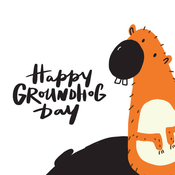köstebek gününüz kutlu olsun. yazıt ile groundhog komik el çizilmiş illüstrasyon. vektör - groundhog day tatil stock illustrations