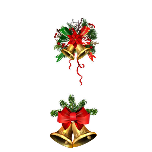 weihnachtsdekorationen mit tannenbaum goldene jingle glocken - schlittenglocke stock-grafiken, -clipart, -cartoons und -symbole