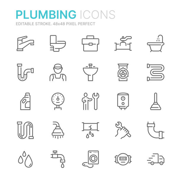 ilustraciones, imágenes clip art, dibujos animados e iconos de stock de colección de iconos de línea relacionados con plomería. 48x48 pixel perfecto. trazo editable - plumber