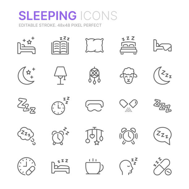 ilustraciones, imágenes clip art, dibujos animados e iconos de stock de colección de iconos de línea relacionados con el sueño. 48x48 pixel perfecto. trazo editable - sleeping