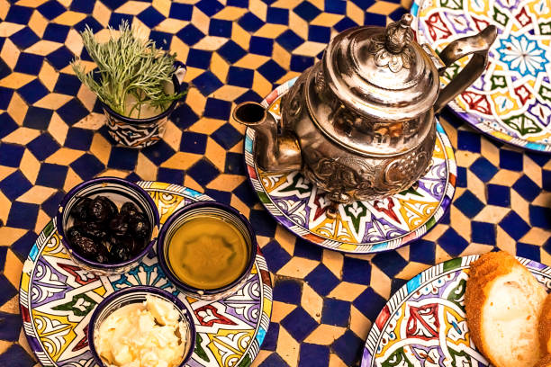 Typical, traditional Moroccan breakfast in a typical Maracan house. Tasty Moroccan style breakfast. Fes, Morocco