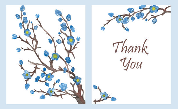 ilustrações de stock, clip art, desenhos animados e ícones de watercolor hand painted nature two frame set composition with blue blossom flowers with yellow center on brown branches on the white background with thank you text for greeting cards - set blue brown green