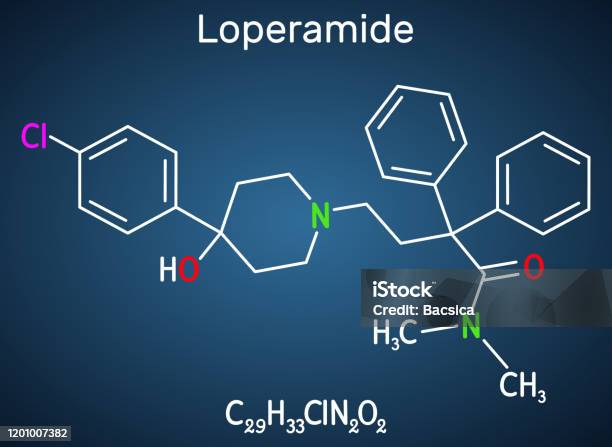 Loperamide Longacting Synthetic Antidiarrheal Molecule Structural Chemical Formula On The Dark Blue Background Stock Illustration - Download Image Now