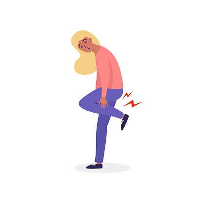 Girl with spasm and cramp in her leg. Flat vector cartoon modern illustration isolated white background.