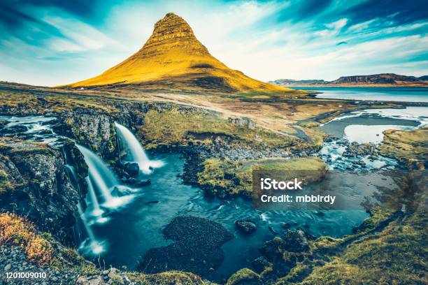 Kirkjufellsfoss Waterfall With Kirkjufell Mountain Iceland Stock Photo - Download Image Now