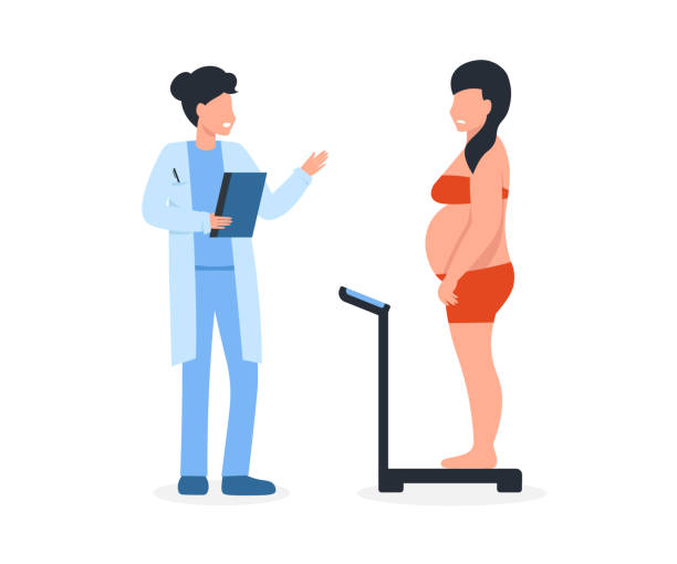 영양사 의사와 비늘에 뚱뚱한 여자 - dieting weight scale doctor patient stock illustrations