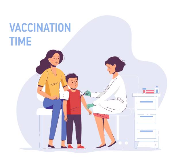 Family vaccination concept for immunity health. Doctor pediatrician makes an injection of flu vaccine to a child in hospital.  Healthcare, medical treatment, prevention and immunize. injecting flu virus vaccination child stock illustrations