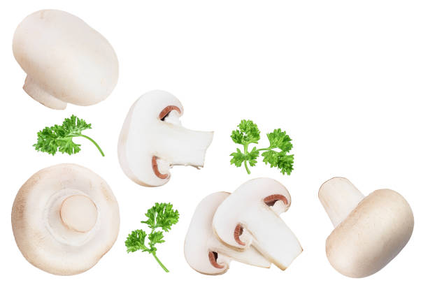 istock Fresh mushrooms and slices isolated on white background with copy space for your text. Top view. Flat lay. 1201010109