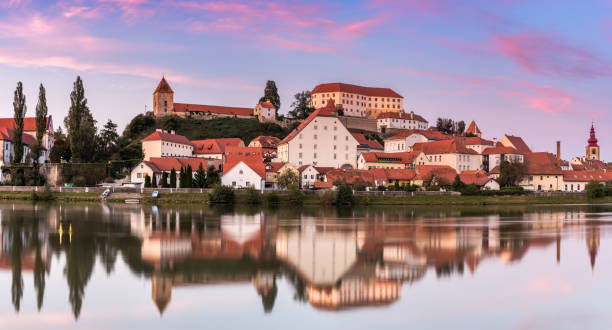 Sunset over Ptuj City in Slovenia. stock photo
