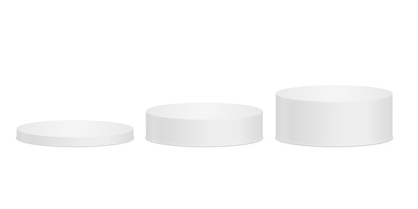 Vector set of white 3d cylinders. Template, mock-up, stand, round podium, stage. EPS 10