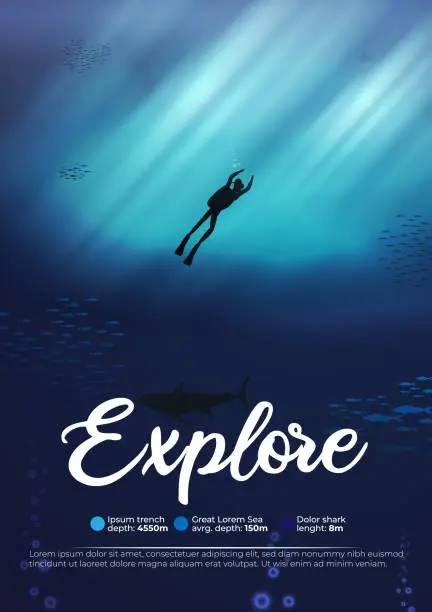 Vector illustration of Scuba diver underwater ocean scene background of reefs explore poster