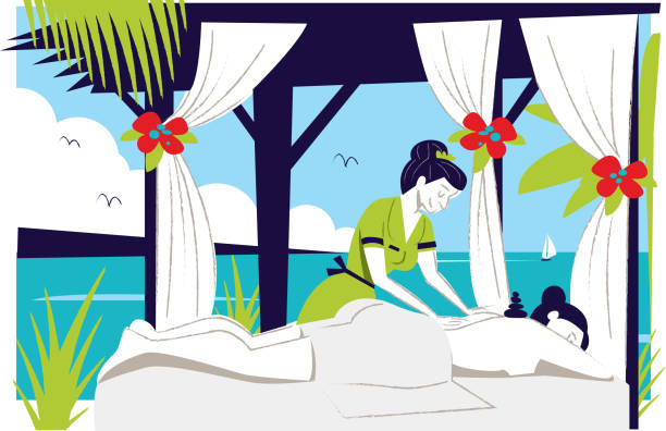 massage am strand - lastone therapy illustrations stock-grafiken, -clipart, -cartoons und -symbole