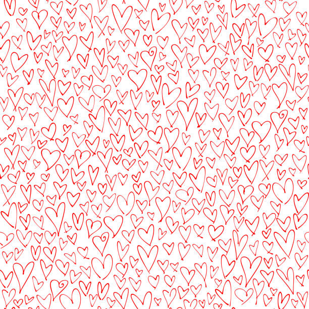 Many red hand drawn hearts on white background. Simple chaotic abstract design on square composition. This picture is designed to make a smooth seamless pattern if you duplicate it vertically and horizontally to cover more space.