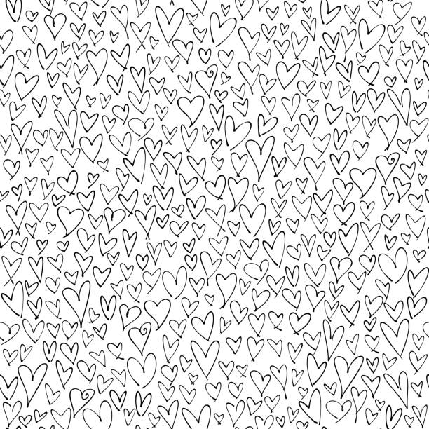 Hand drawn hearts seamless pattern. Valentine's, Mother's day, birthday card, wallpaper or gift wrap design. Many hand drawn hearts on white background. Simple chaotic abstract design on square composition. This picture is designed to make a smooth seamless pattern if you duplicate it vertically and horizontally to cover more space. black and white heart stock illustrations