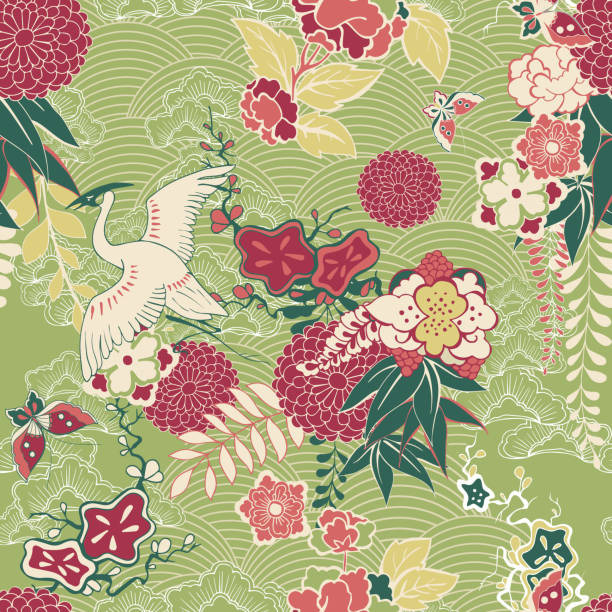 oriental pattern Oriental silk pattern with crane and flowers vector illustration modern geisha stock illustrations