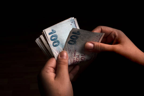 Unrecognizable woman counting Turkish banknotes