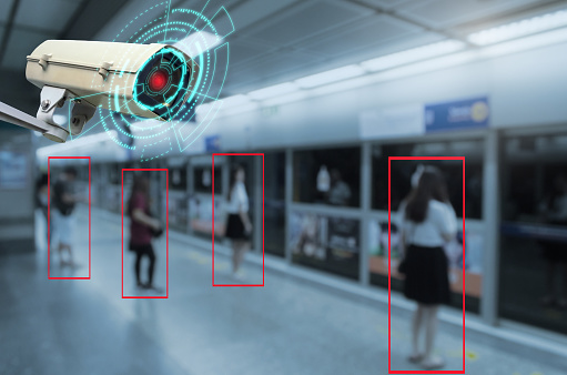 IOT CCTV, security indoor camera motion detection system operating with people waiting subway at train station, cctv solution management, surveillance security, safety intelligent technology concept