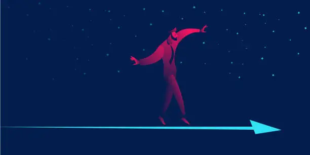 Vector illustration of businessman balancing on chart. business balance, financial stability concept in red and blue neon gradients